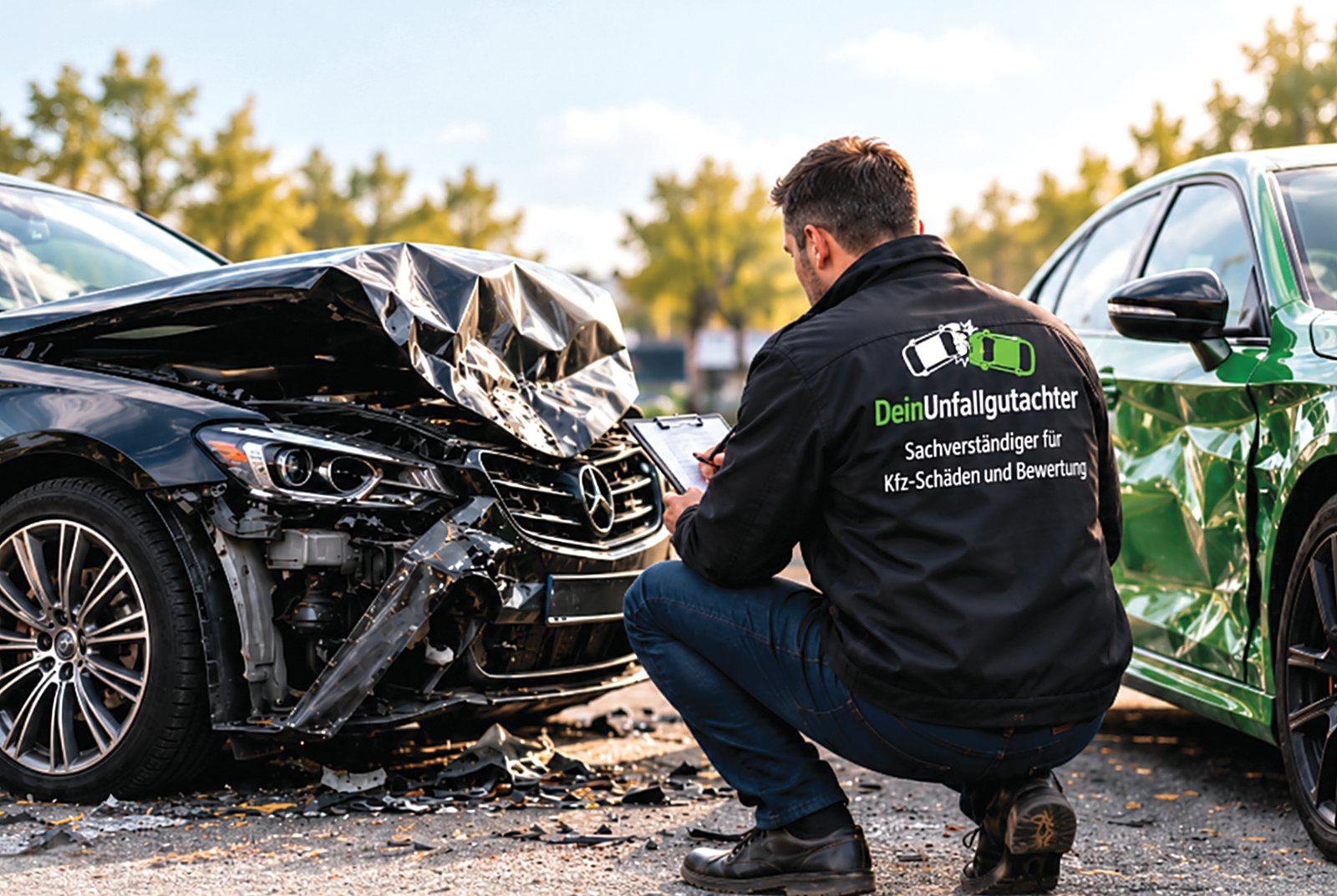 Kfz-Sachverständiger von Dein Unfallgutachter begutachtet einen Unfallschaden an der Front eines Autos