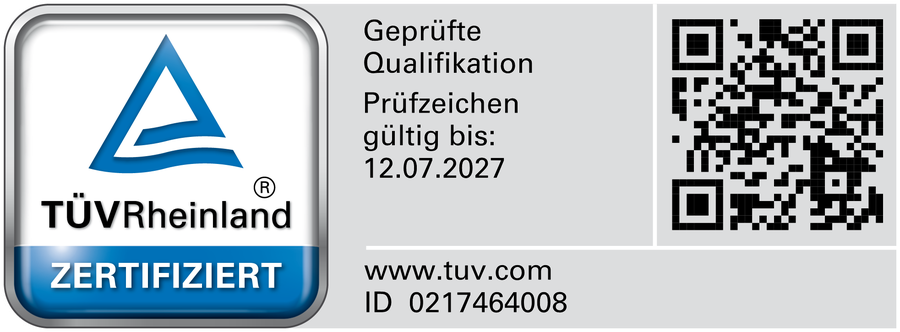 TÜV Rheinland zertifiziert – Geprüfte Qualifikation, Prüfzeichen ID 0217464008, gültig bis 12.07.2027