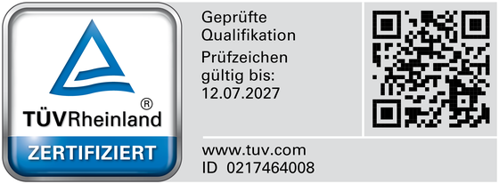 TÜV Rheinland zertifiziert: Geprüfte Qualifikation, Prüfzeichen gültig bis 12.07.2027